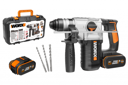 Перфоратор WORX WX392.9 аккумуляторный 20V 2,2Дж, 2 аккумулятора по 4 Ач + зарядное устройство, в кейсе