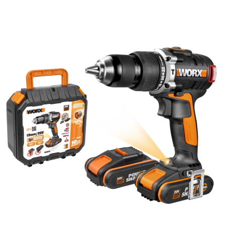 Дрель-шуруповерт ударная WORX WX373.9, аккумуляторная 20V 60Нм, бесщеточная, 2 аккумулятора по 2 Ач + зарядное устройство, в кейсе