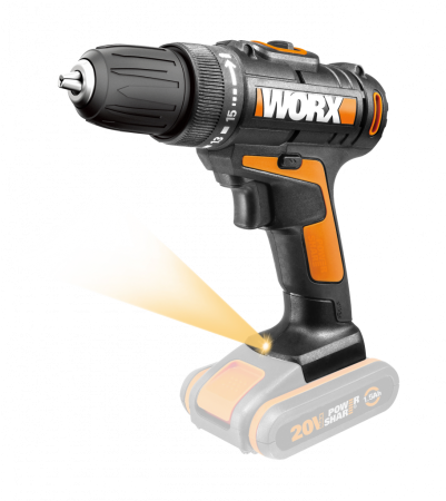 Дрель-шуруповерт WORX WX101.9 аккумуляторная 20В, 30Нм, 1 аккумулятор 2 Ач + зарядное устройство, в кейсе