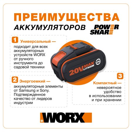 Комплект WORX3601: 1 аккумулятор на 2 Ач и зарядное устройство на 2А Комплект WORX3601: 1 аккумулятор на 2 Ач и зарядное устройство на 2А