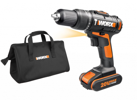 Дрель-шуруповерт ударная WORX WX371.3 аккумуляторная 20V 40Нм, с двумя АКБ на 1.5Ач и ЗУ в 0,4А, 2 аккумулятора по 1,5 Ач + зарядное устройство, в сумке