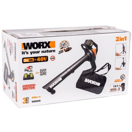 Воздуходув-пылесос аккумуляторный WORX WG583E.9, 40В, бесщеточный, Без аккумулятора и зарядного устройства