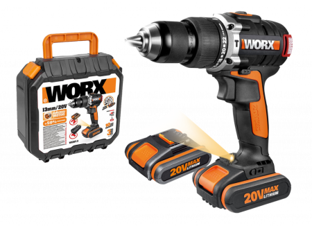 Дрель-шуруповерт ударная WORX WX354.9, аккумуляторная, 20V, 60Нм, бесщеточная, 2 аккумулятора по 2 Ач + зарядное устройство, в кейсе