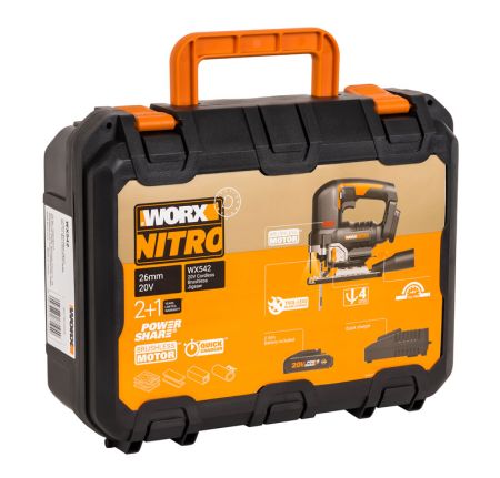 Лобзик аккумуляторный бесщёточный WORX WX542, 20В, 2,5Ач х1, ЗУ 2А, кейс Лобзик аккумуляторный бесщёточный WORX WX542, 20В, 2,5Ач х1, ЗУ 2А, кейс