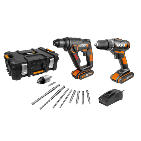 Набор дрель-шуруповерт WORX WX101, 30Нм 20В аккумуляторная + перфоратор WORX WX390 H3, 1,2Дж, 20В аккумуляторный