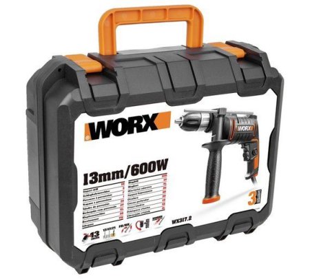 Дрель-шуруповерт ударная WORX WX317.2 электрическая 220V, 600Вт, в кейсе, Без аккумулятора и зарядного устройства